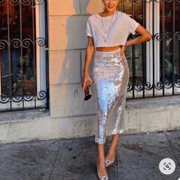 NWT ZARA SEQUIN MIDI SKIRT GRAY - Picture 1 of 10
